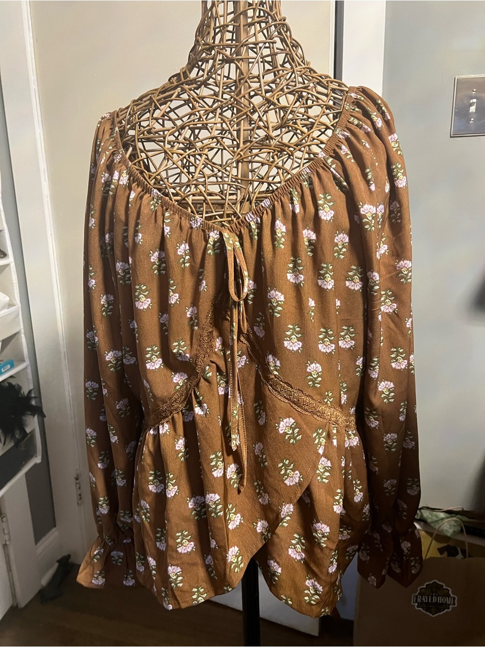 SHEIN Brown Floral Peasant Blouse